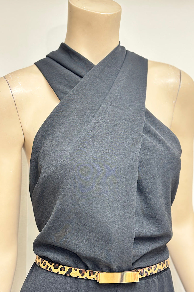 Crisscross Halter Low Back Jumpsuit