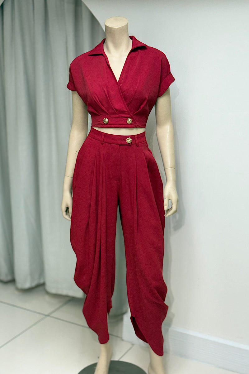 Gold Button Detail Crop Pant Set