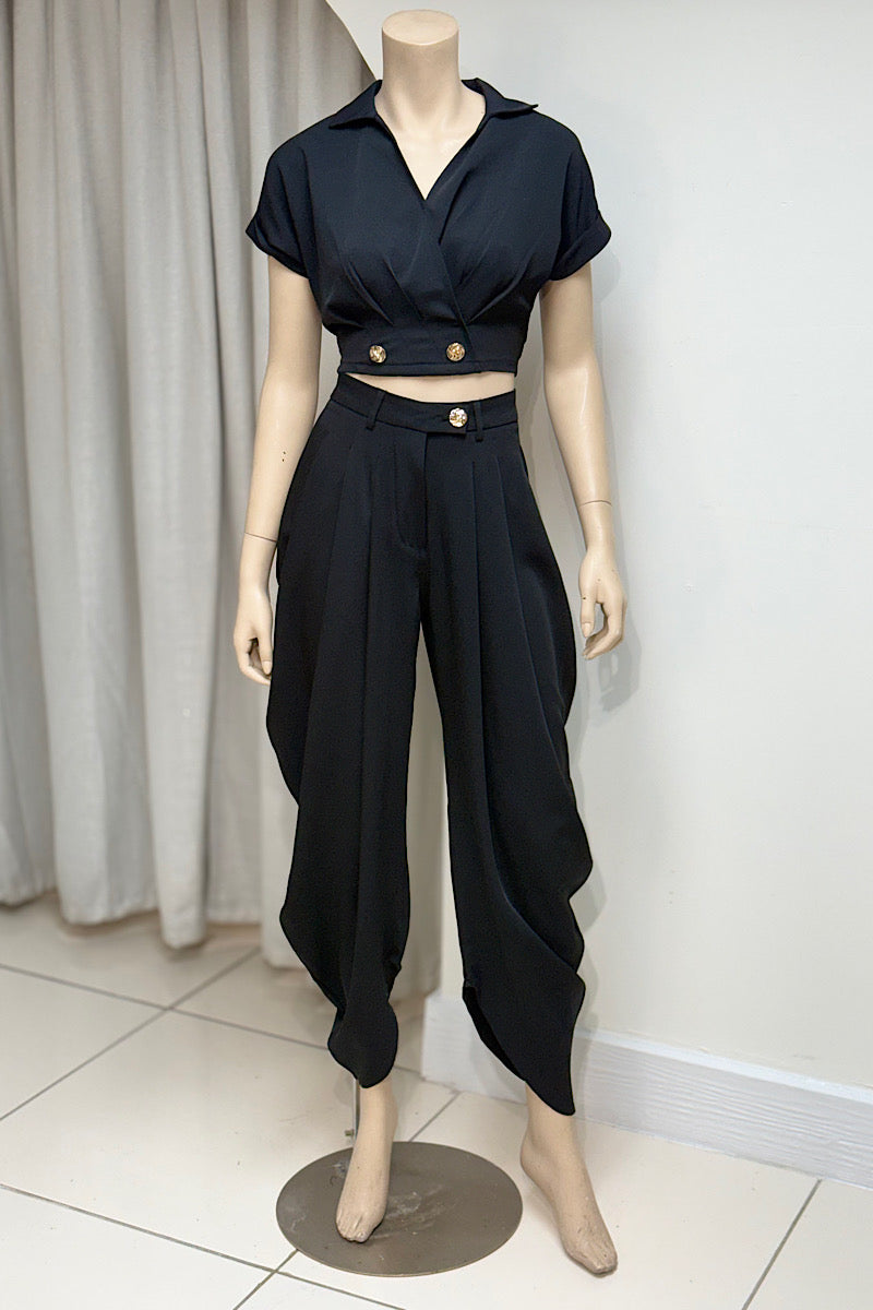 Gold Button Detail Crop Pant Set