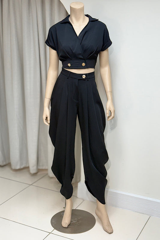 Gold Button Detail Crop Pant Set