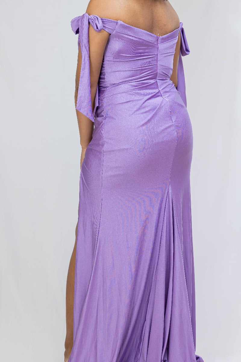 Off-Shoulder Tied Fitted Ruched Formal