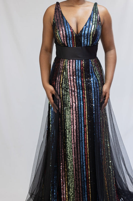 Multi-colored Sequin Flare Formal Dress