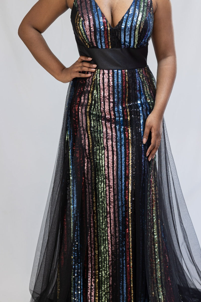 Multi-colored Sequin Flare Formal Dress