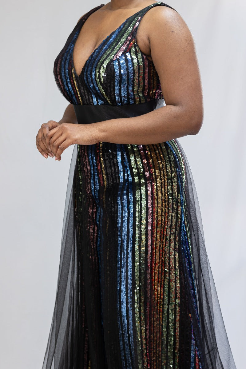 Multi-colored Sequin Flare Formal Dress