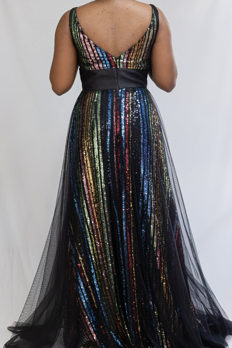 Multi-colored Sequin Flare Formal Dress