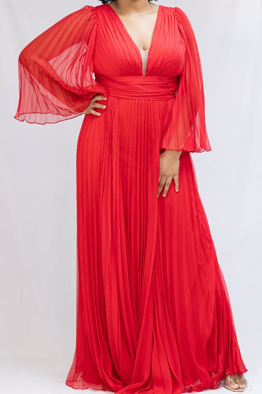 Chiffon Long Sleeve Pleated Gown