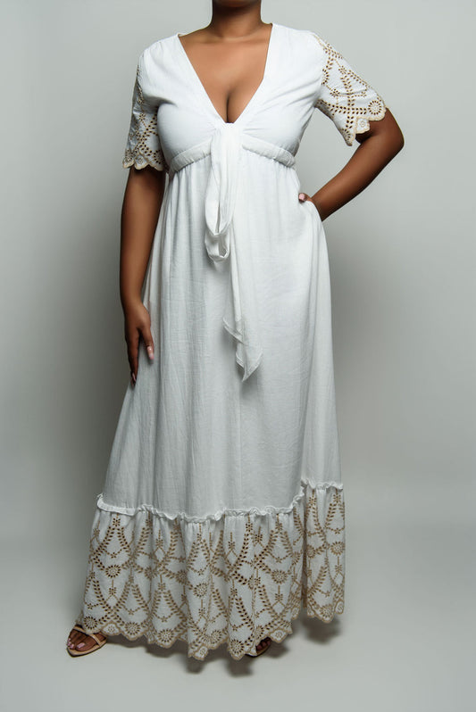 White Linen Eyelet Trim Maxi