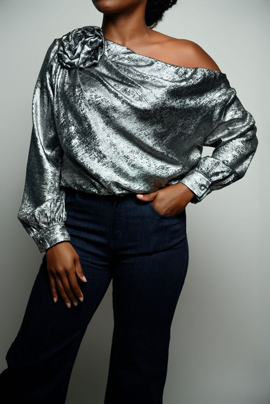 Metallic Rosette Slant Shoulder Top