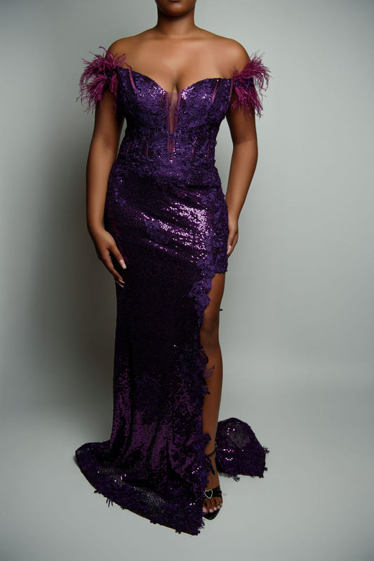Feather Off-Shoulder Bustier Gown