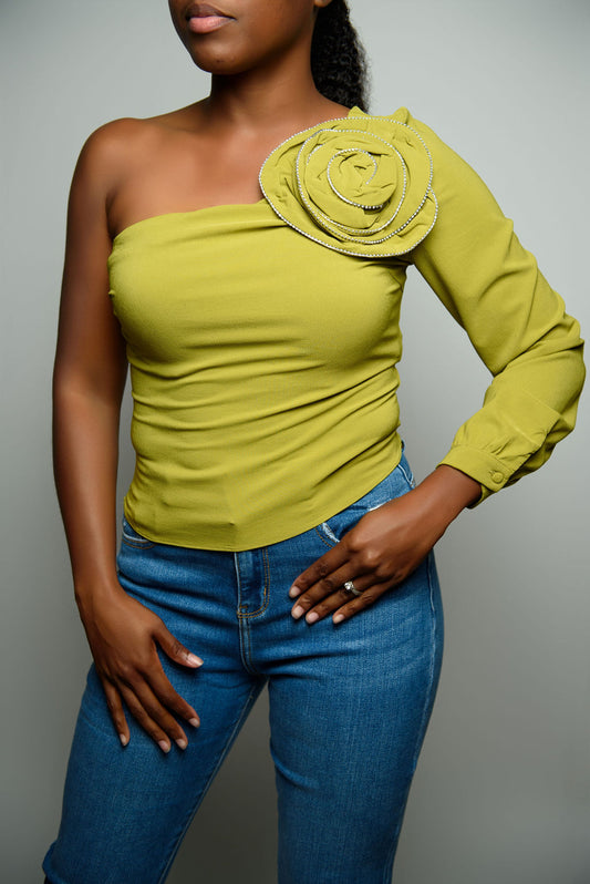 Rosette One-Shoulder Long Sleeve Top