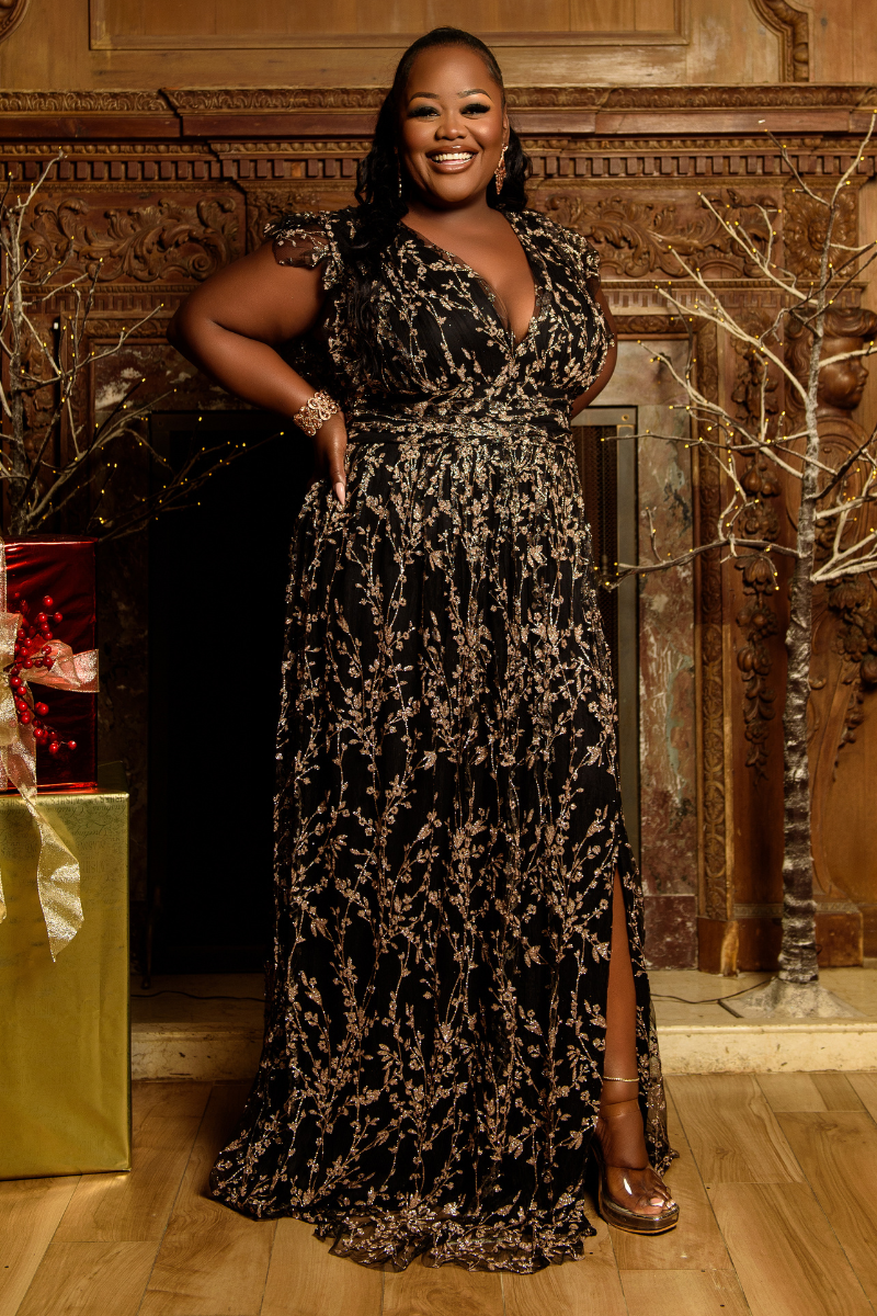 Curvy Overlay V-Neck Glitter Dress